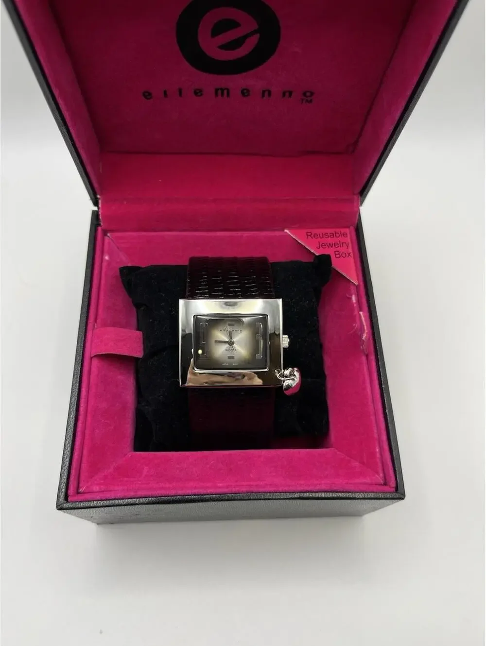 ellemenno watch womens black band silvercase with small heart charm working NWOT